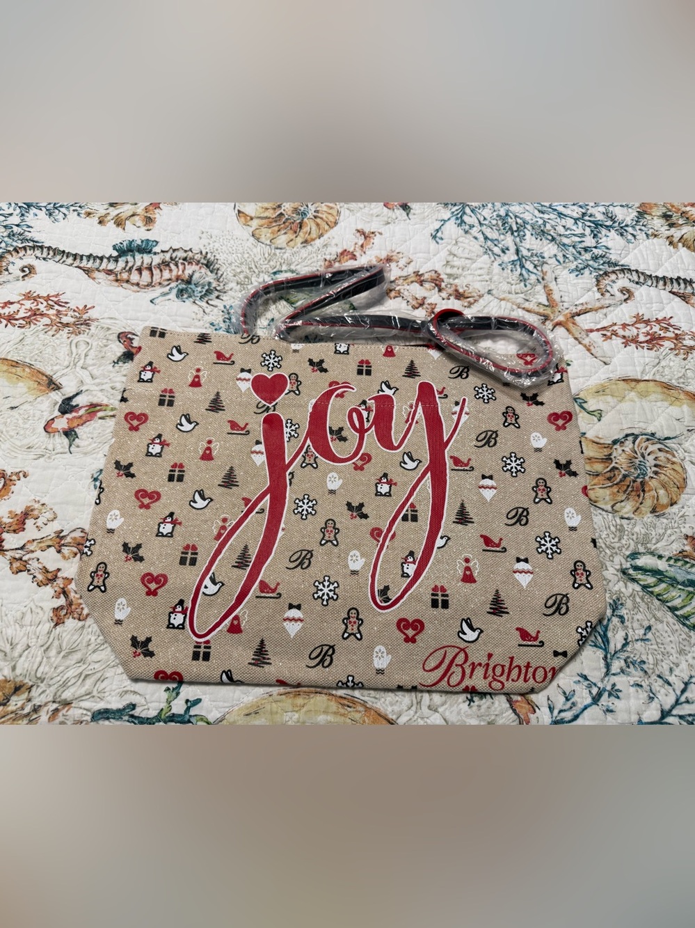 Brighton Canvas Tote Bag in Beige and Red 'Joy' Script